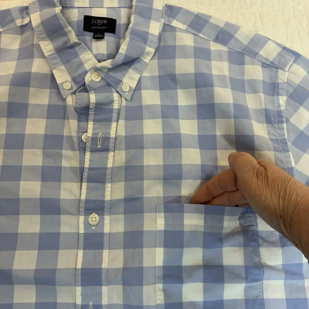 Men’s‎ Blue White Check Button Down Short Sleeve Shirt Size L Lightweight Cotton